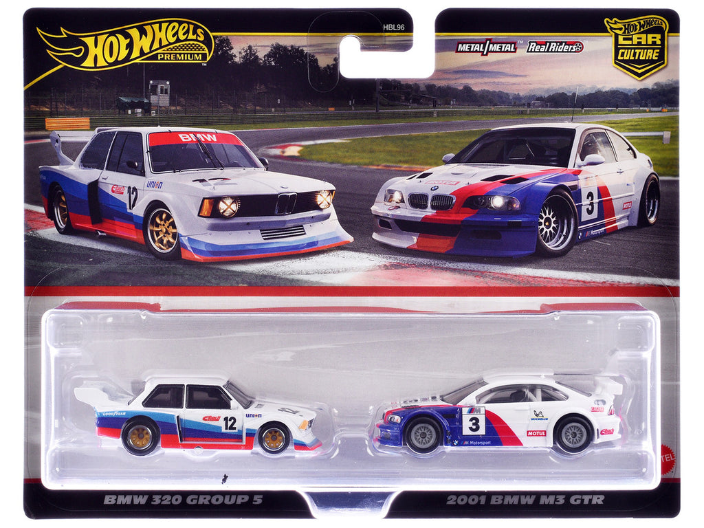 BMW 320 Group 5 #12 White with Stripes and 2001 BMW M3 GTR #3 White with Stripes "Car Culture" Set of 2 Cars Diecast Model Cars by Hot Wheels-2