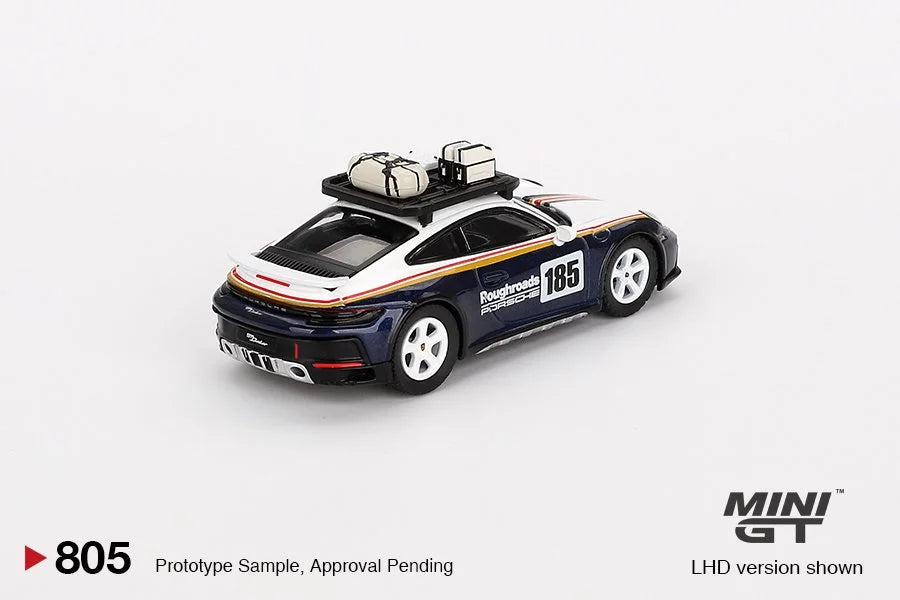 Porsche 911 Dakar Rallye racing livery on a white background, featuring the MINI GT brand.