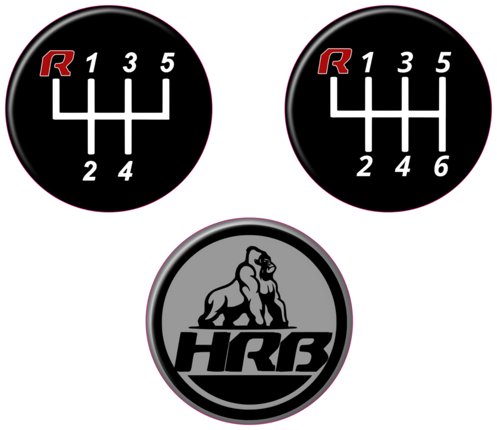 Three circular logos with gear shift icons and a HRBerformance gorilla logo on a white background