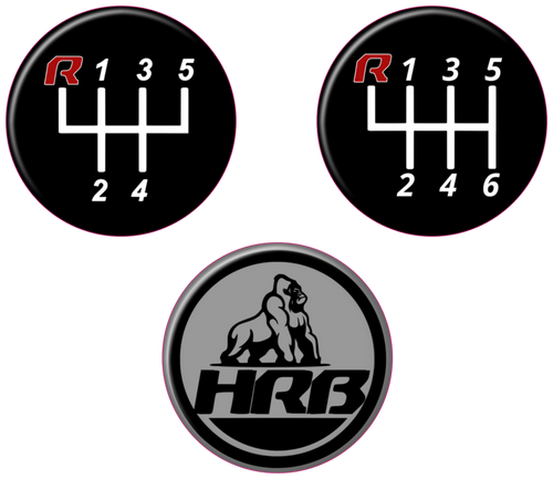 Three circular logos with gear shift icons and a HRBerformance gorilla logo on a white background